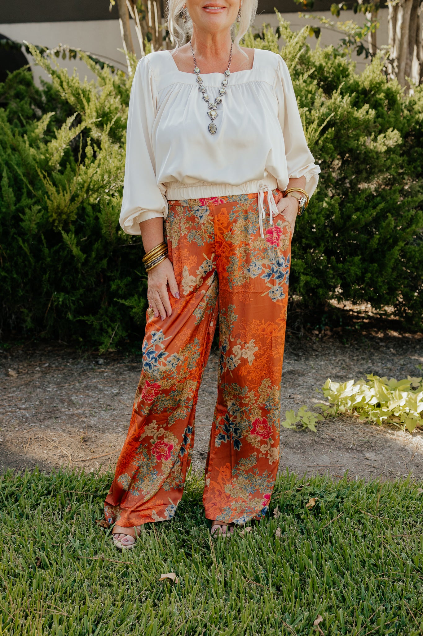 Rust Floral Print Satin Pant