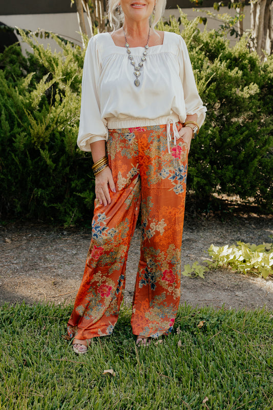 Rust Floral Print Satin Pant