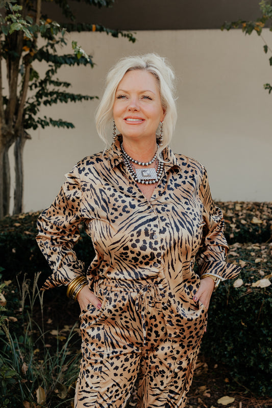 Satin Tiger Print Long Sleeve Blouse