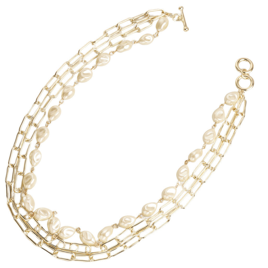 Gold 3-Strand Link Necklace with Pearls