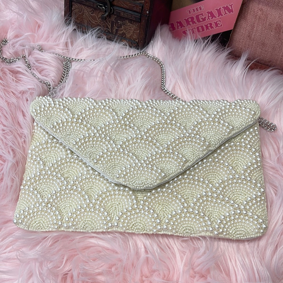 Cream Pearl Studded Clutch